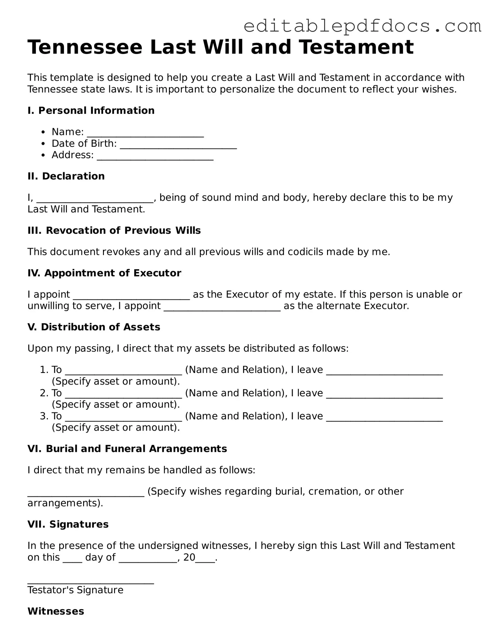  Last Will and Testament Document for Tennessee