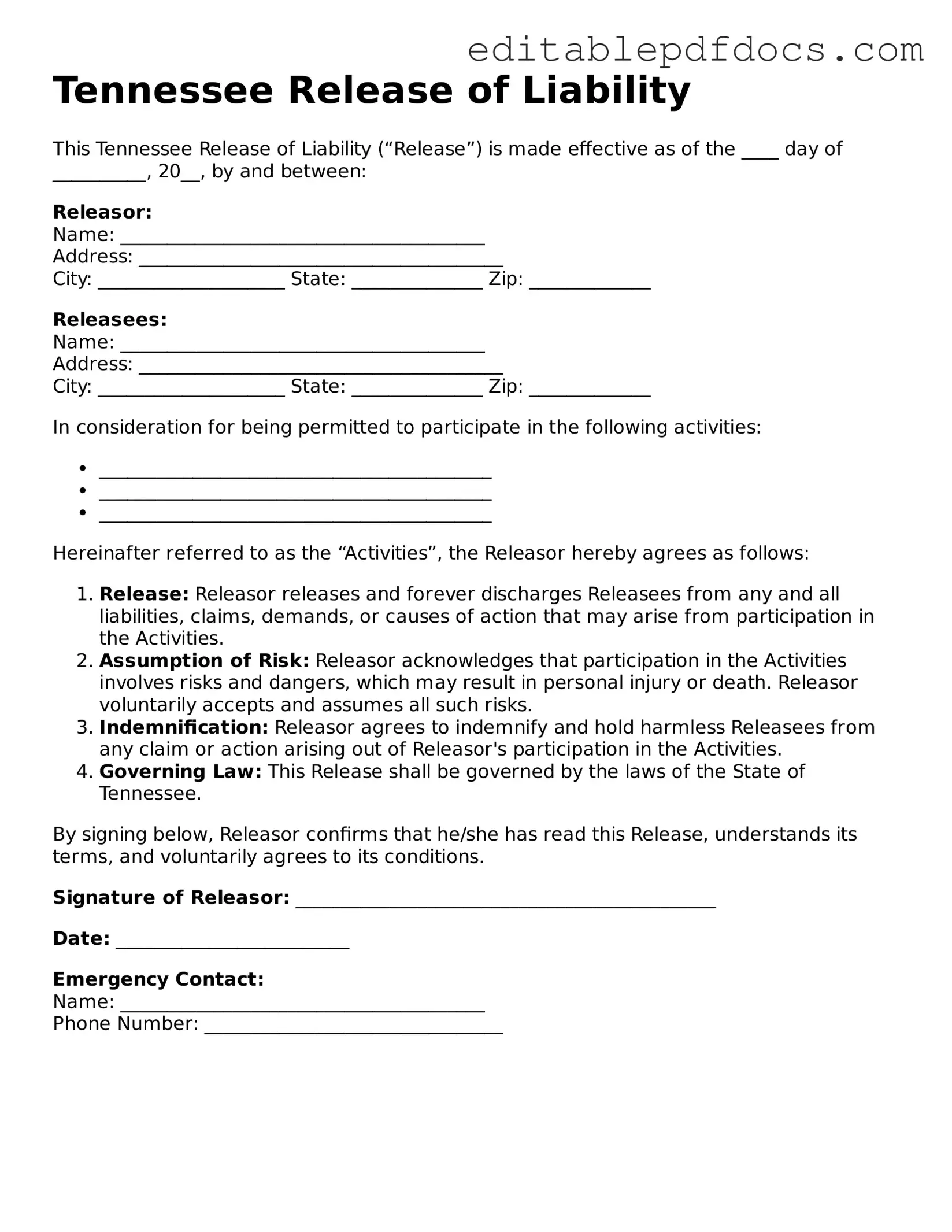  Release of Liability Document for Tennessee