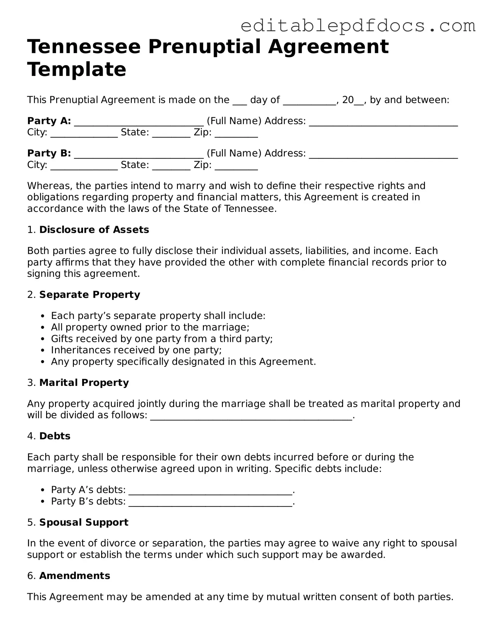  Prenuptial Agreement Document for Tennessee