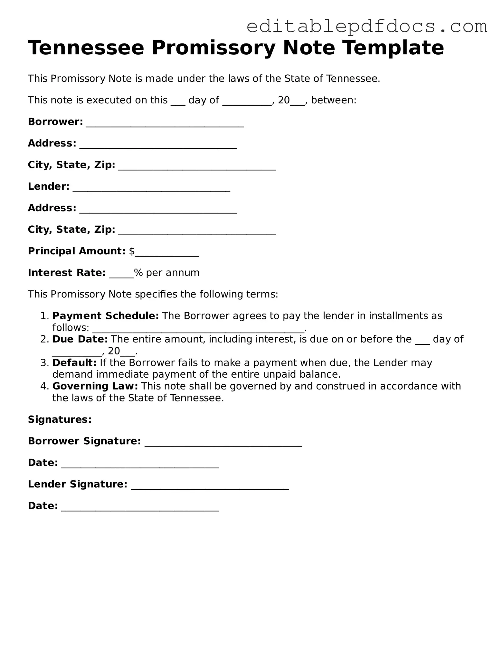  Promissory Note Document for Tennessee