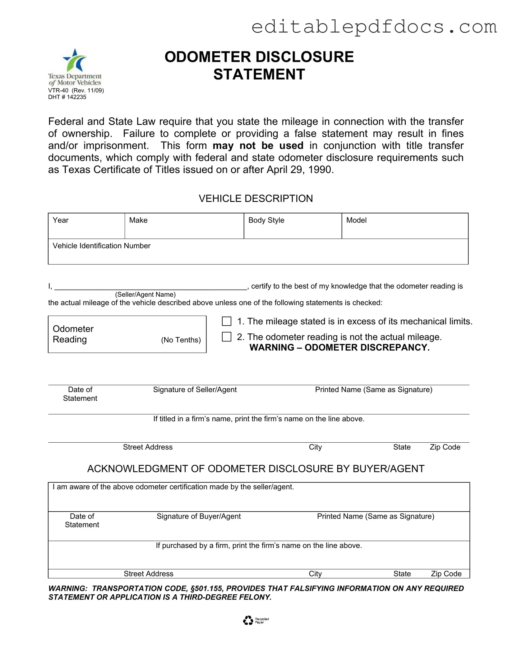 Fill a Valid Texas Odometer Statement Template