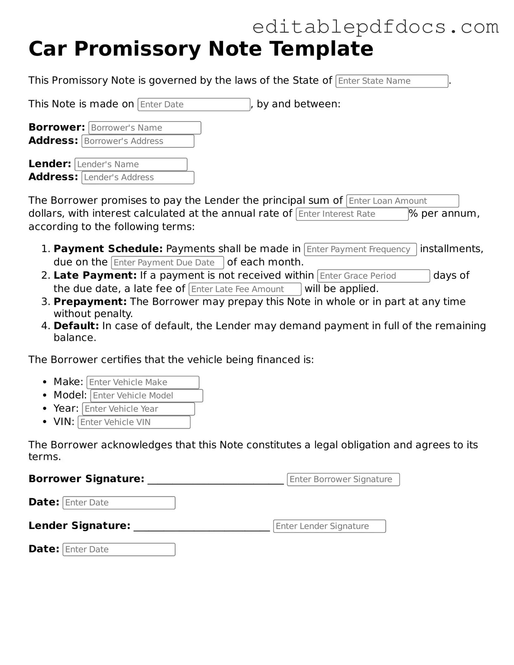 Free Promissory Note for a Car Document