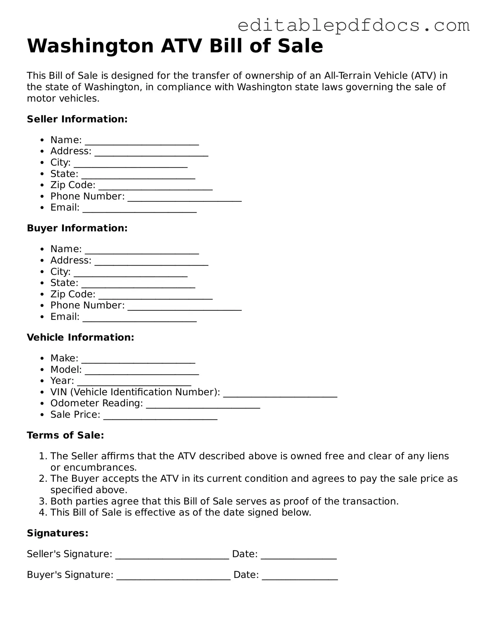  ATV Bill of Sale Document for Washington
