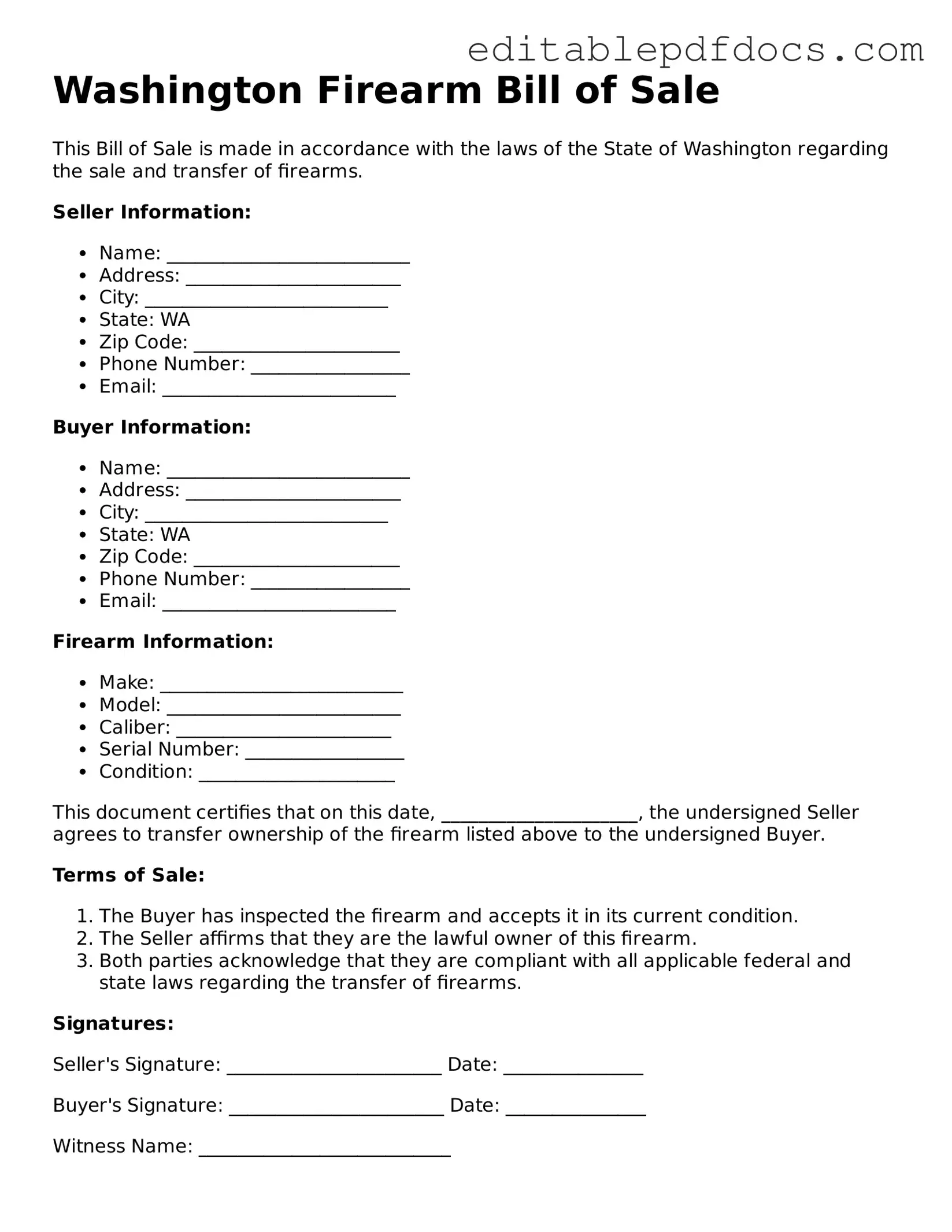  Firearm Bill of Sale Document for Washington