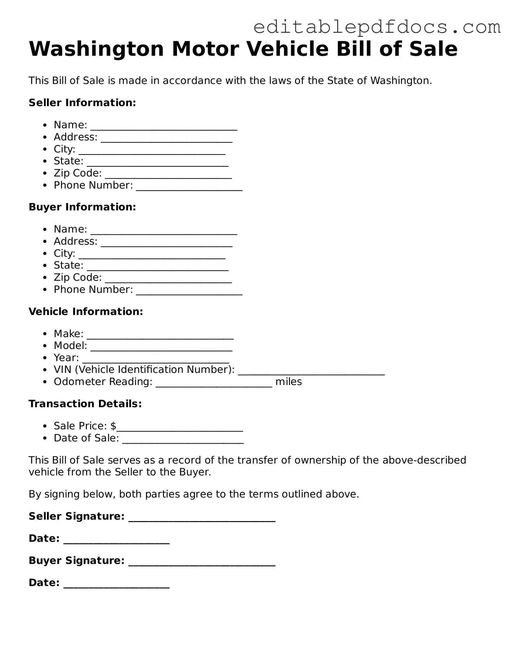  Motor Vehicle Bill of Sale Document for Washington