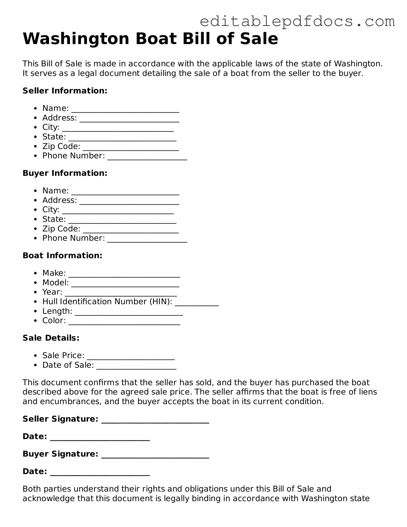  Boat Bill of Sale Document for Washington