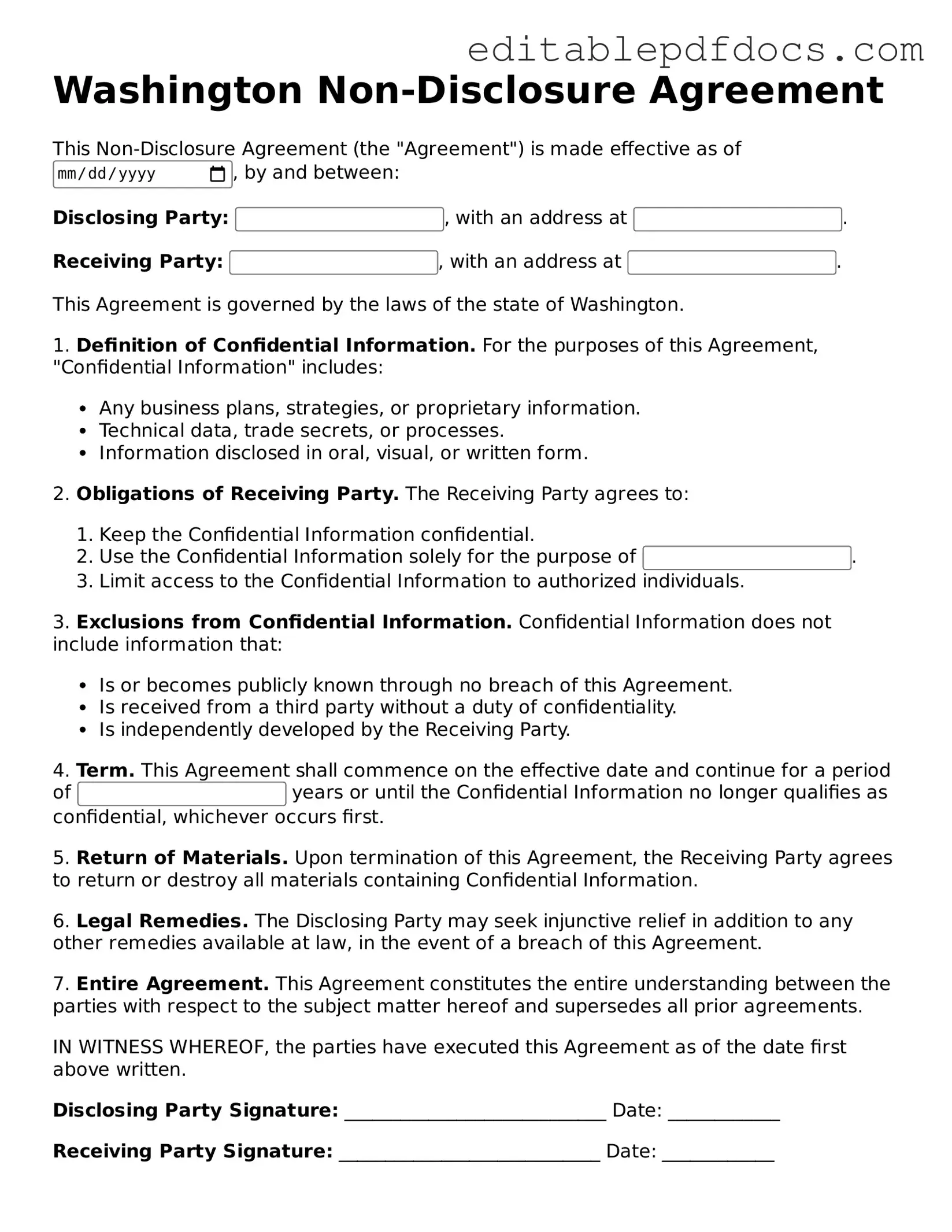  Non-disclosure Agreement Document for Washington