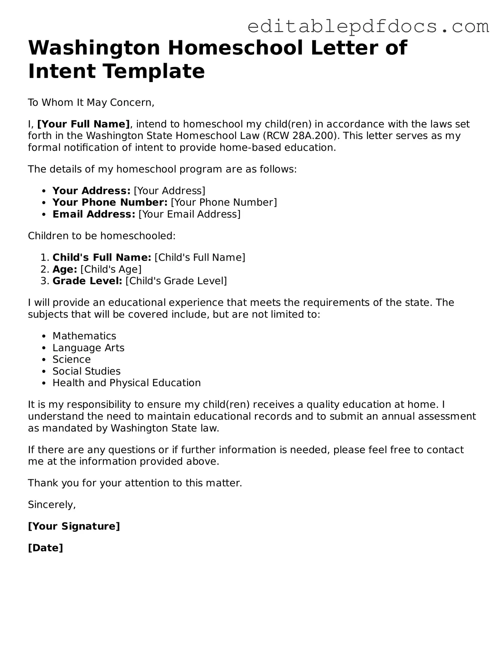  Homeschool Letter of Intent Document for Washington