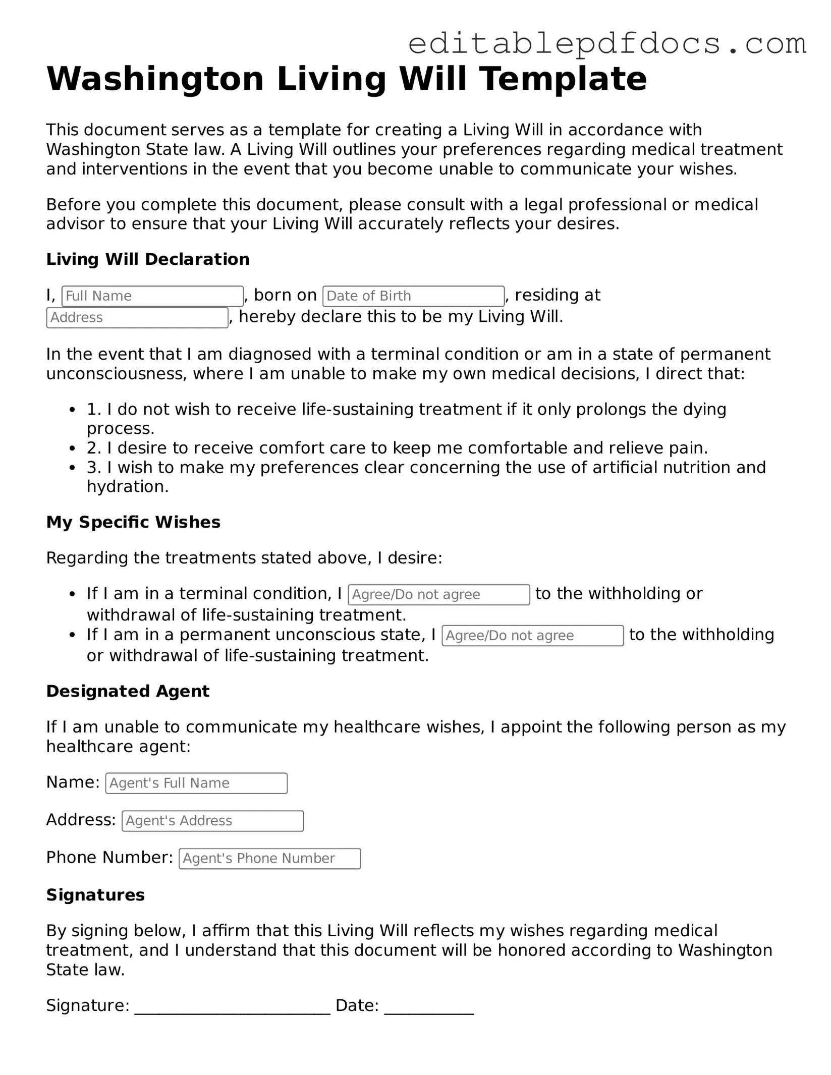  Living Will Document for Washington