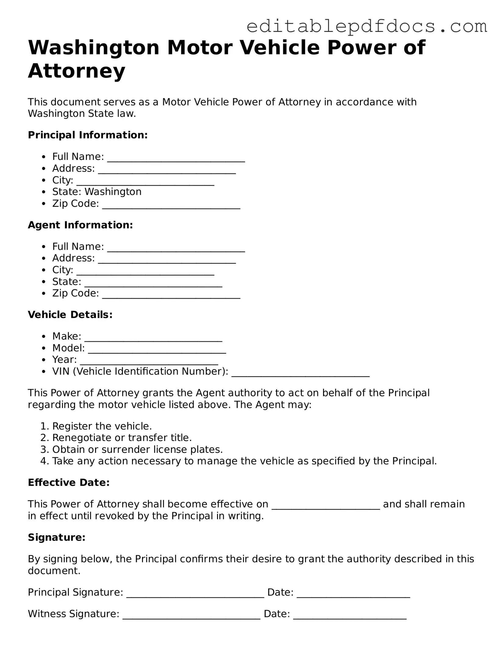  Motor Vehicle Power of Attorney Document for Washington