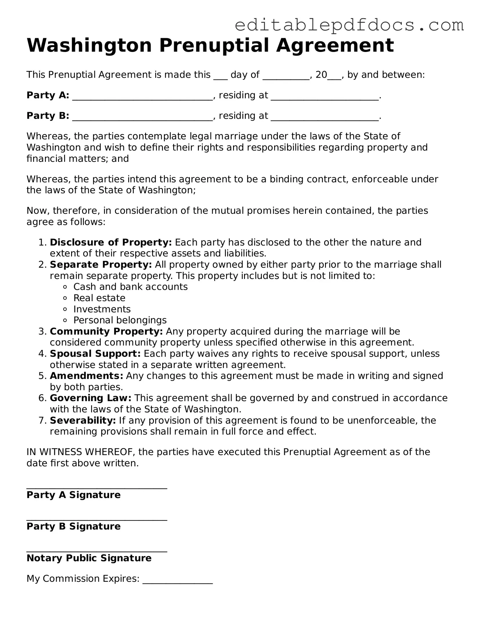  Prenuptial Agreement Document for Washington